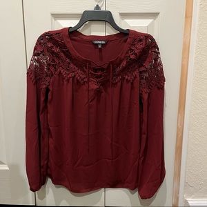 EXPRESS burgundy lacy tie-front long sleeve chiffon blouse